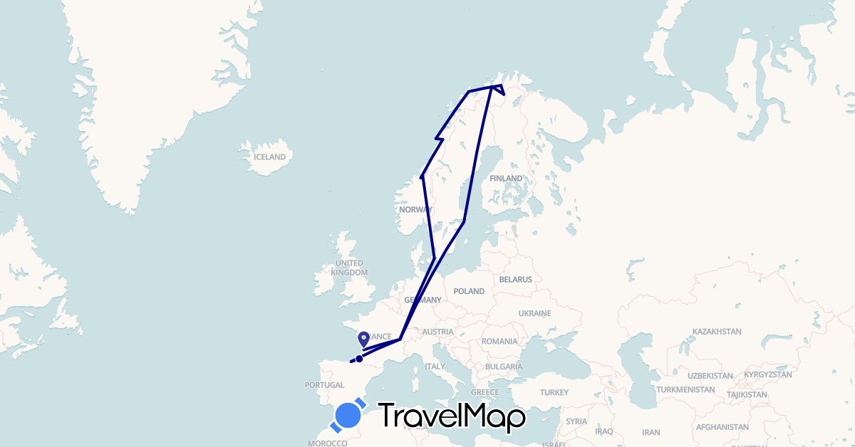 TravelMap itinerary: driving in Switzerland, Denmark, Spain, France, Norway, Sweden (Europe)